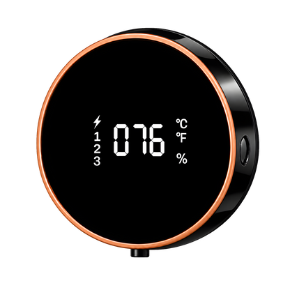 Black FoamHalo wall-mounted foaming soap dispenser, front view with digital display.
