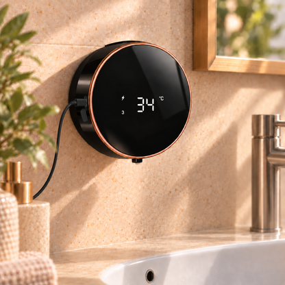 Black FoamHalo soap dispenser connected to a USB-C charging cable while mounted above a sink.