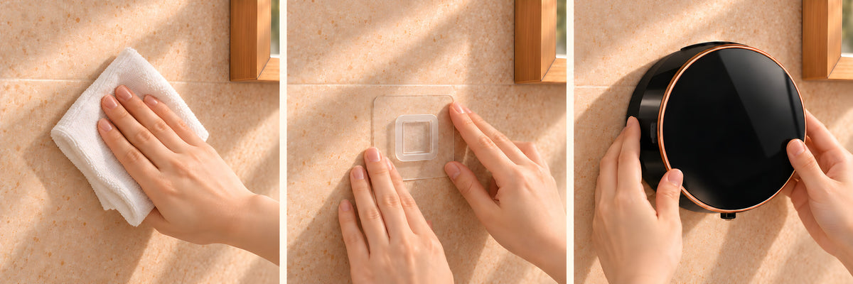 Installing FoamHalo: cleaning the wall, applying the adhesive mounting pad, and attaching the dispenser.