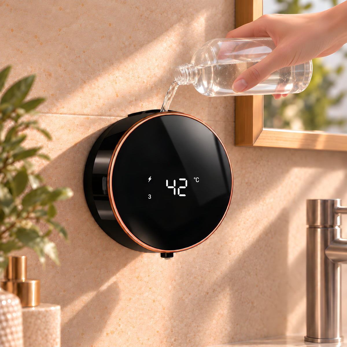 Refilling the FoamHalo soap dispenser by pouring liquid through its open top refill port.