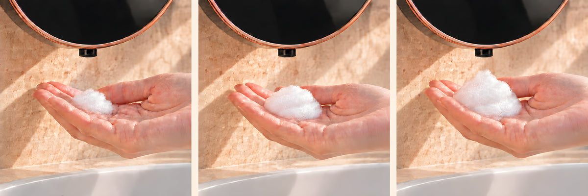 Comparison of small, medium and large foam amounts dispensed by FoamHalo into an open palm.