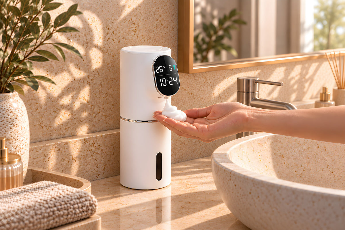 White automatic foaming soap dispenser releasing foam into an open hand beside a bathroom sink.