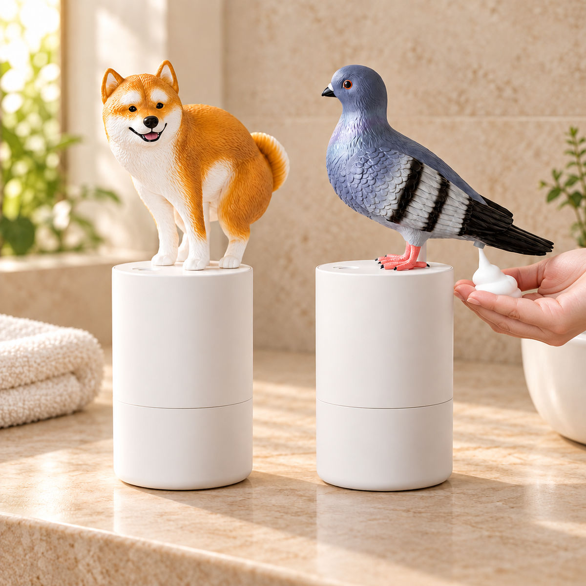 FoamShiba and FoamCoo animal-shaped soap dispensers, with the pigeon dispensing foam into an open hand.