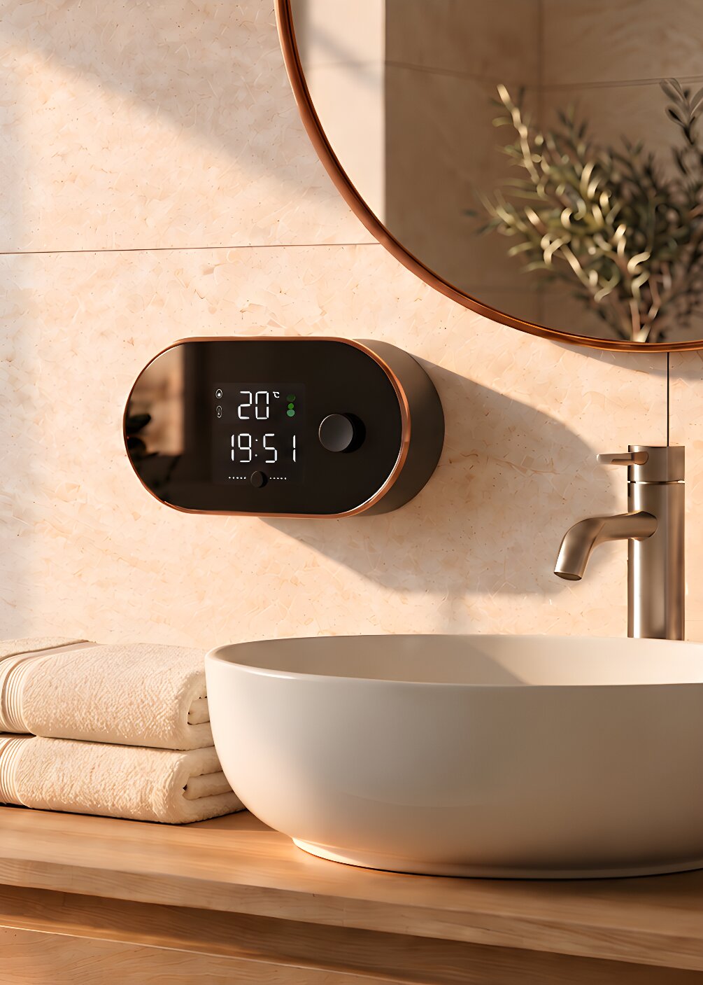 Black wall-mounted automatic soap dispenser above a bathroom sink.