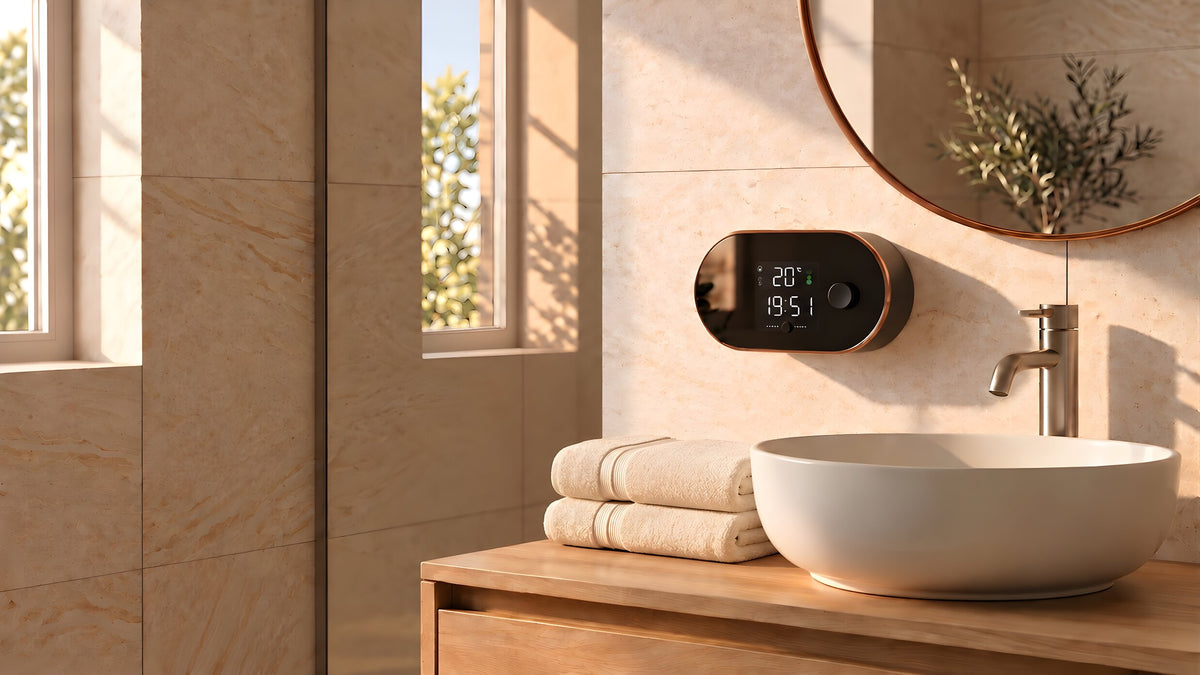 Black wall-mounted automatic soap dispenser above a bathroom sink.